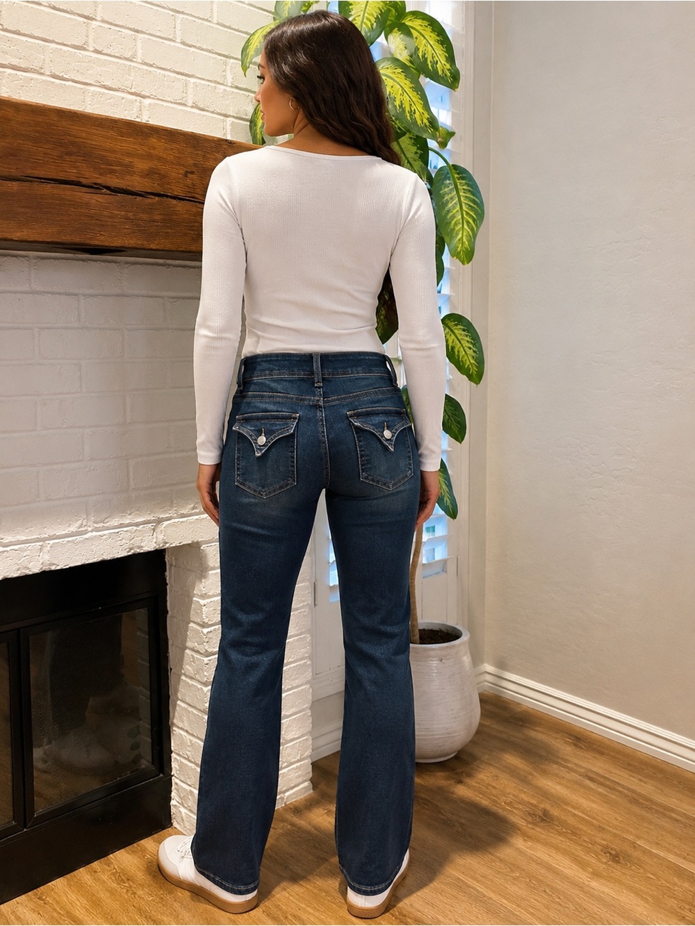 Women's Dark Indigo Boot Cut Jeans with Decorative Flap Pockets